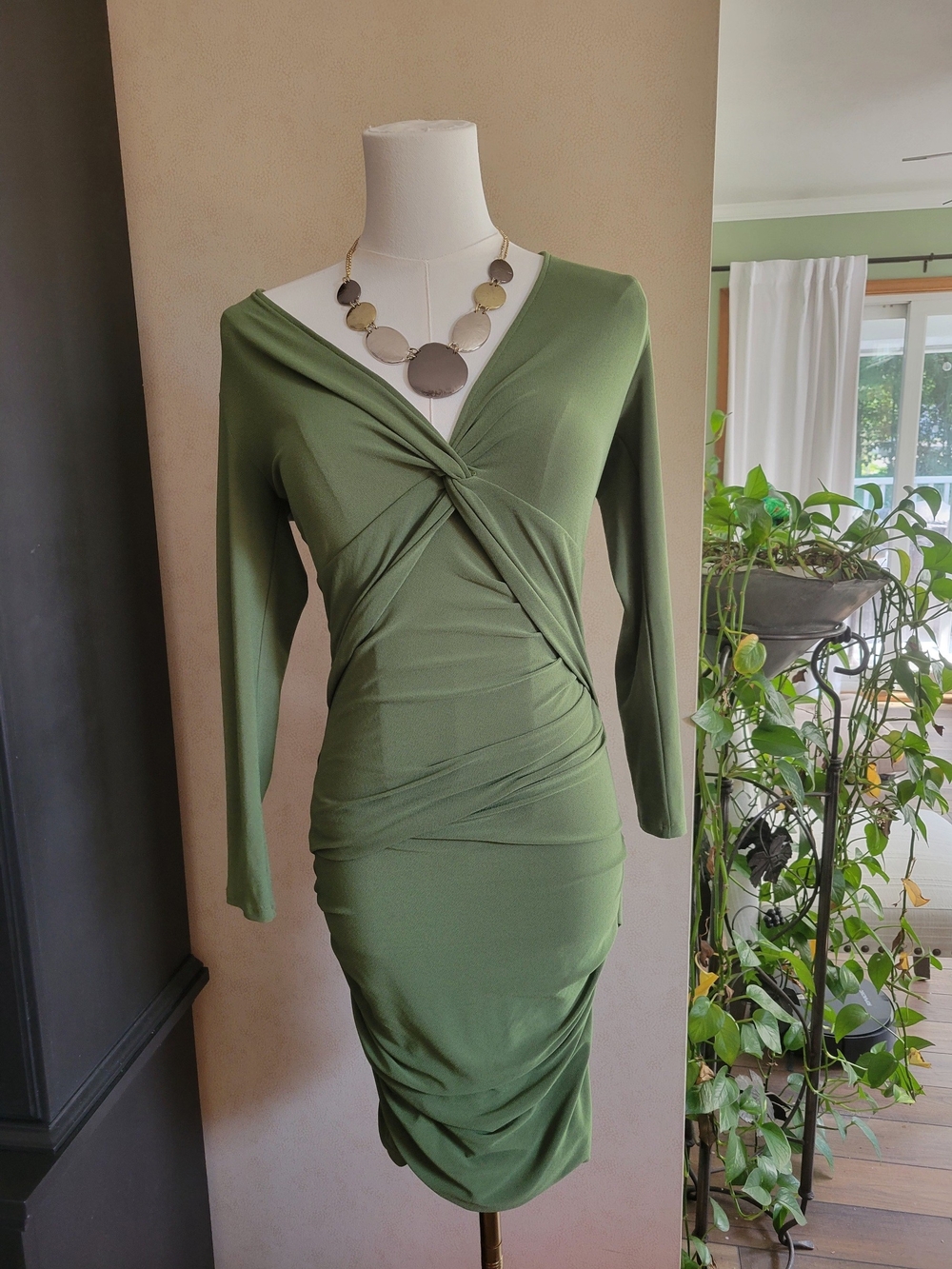 BCBGMaxAzria Olive Green Twist-Waist Long Sleeve Dress